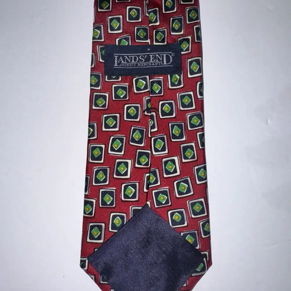 Lands’ End 100% Silk Tie Red Geometric Print Hand Sewn USA Vintage Mens Necktie
